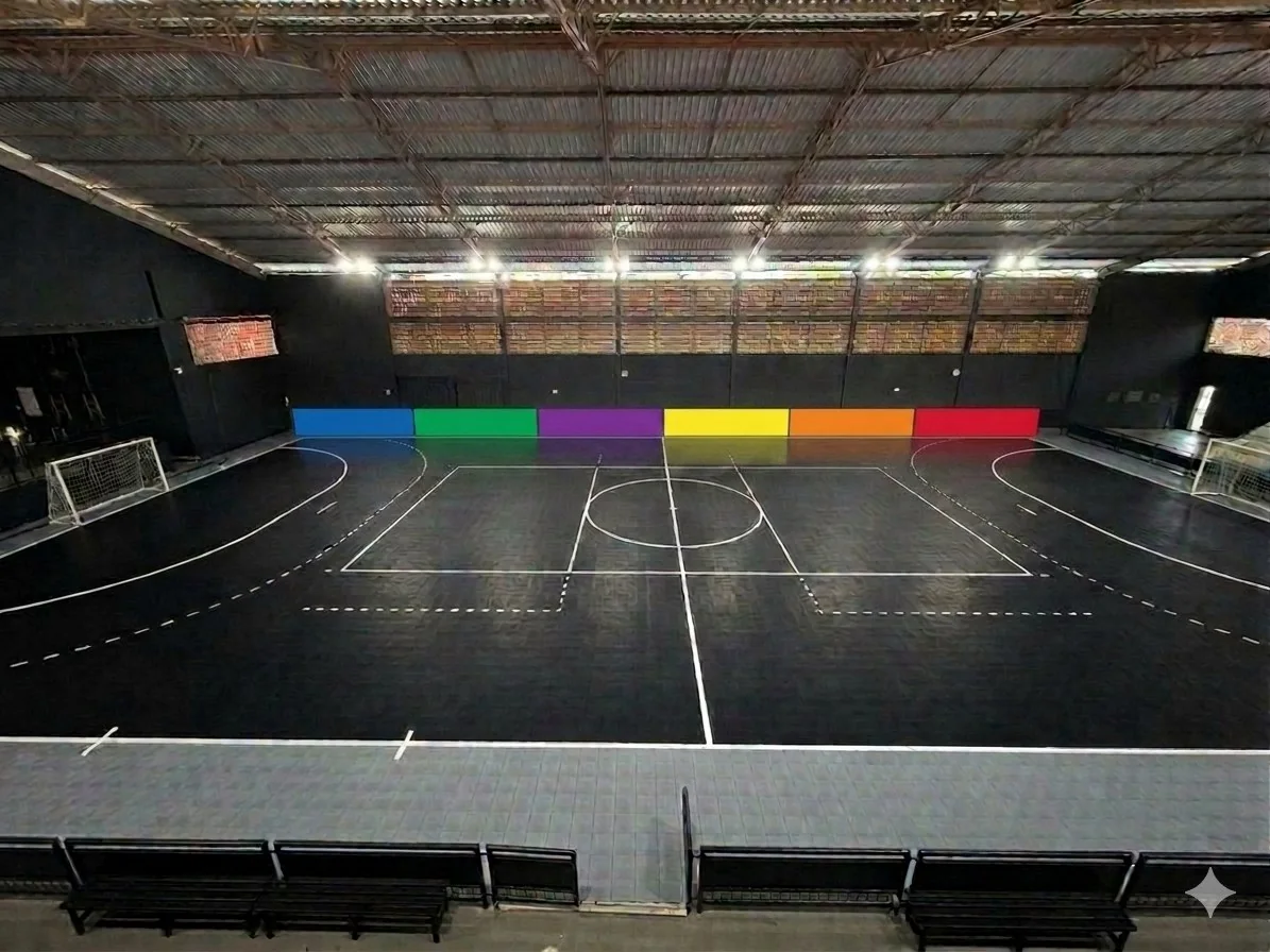 Quadra da Arena BRFUTSAL com piso preto, linhas brancas e faixa colorida na parede